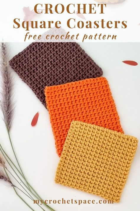 Looking to bring a touch of comfort and warmth to your space? Try making crochet coasters! These easy-to-make square coasters are a fun project and come together quickly. Choose your favorite colors to personalize them for your home or as thoughtful gifts for friends! Crochet Coasters Free Pattern Square, Easy Beginner Crochet Projects Simple, Beginner Crochet Coaster, Easy Coaster Crochet, Best Yarn For Crochet Coasters, Square Coasters Crochet, Crochet Coasters Free Pattern Easy, Crocheted Square Coaster, Coaster Crochet Pattern Free