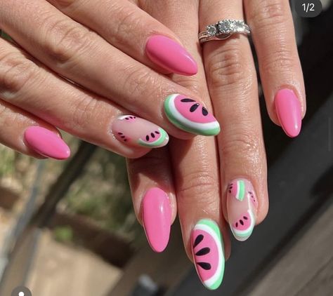 Cute Funky Nails Summer, 80 Nails, Watermelon Nail Designs, Watermelon Nail, Watermelon Nail Art, Fresh Manicure, Fruit Nails, Food Nails, Rainbow Nail Art