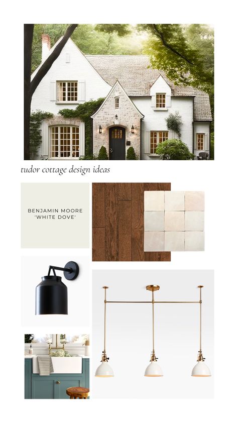 Tudor style cottage fixer upper design ideas design mood board New Tudor Style Homes, Timeless Cottage Exterior, Traditional Tudor House, Tudor Renovation Exterior, Tutor House Interior, Modern Tudor Style Homes Exterior, Stone Tudor Cottage, White Brick Tudor House Exterior, Modern English Tudor Exterior