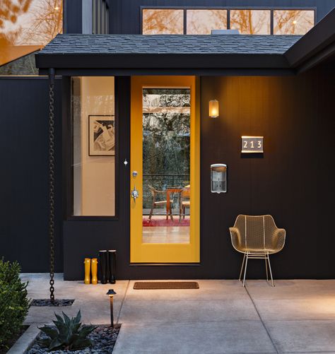 Midcentury Modern Front Doors: Inspiration and Shopping | Hunker Midcentury Modern Front Door, Mid Century Modern Homes Exterior, Mid Century Modern Front Door, Modern Door Hardware, Tile House Numbers, Exterior Door Hardware, Mid Century Modern Exterior, Modern Entry, Yellow Door