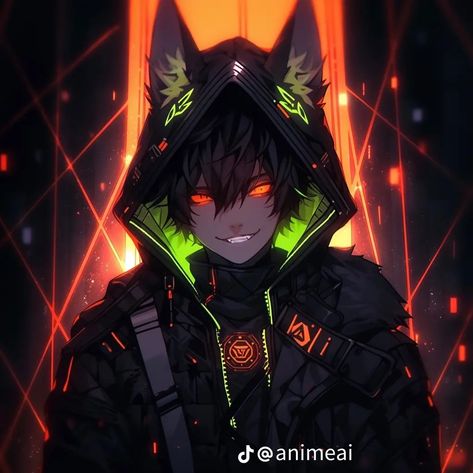 Wolf Hoodie With Ears, Orange Glowing Eyes, Emo Boy Anime, Dark Black Hair, Toothy Grin, Wolf Hoodie, Orange Highlights, Wolf Ears, Glowing Eyes