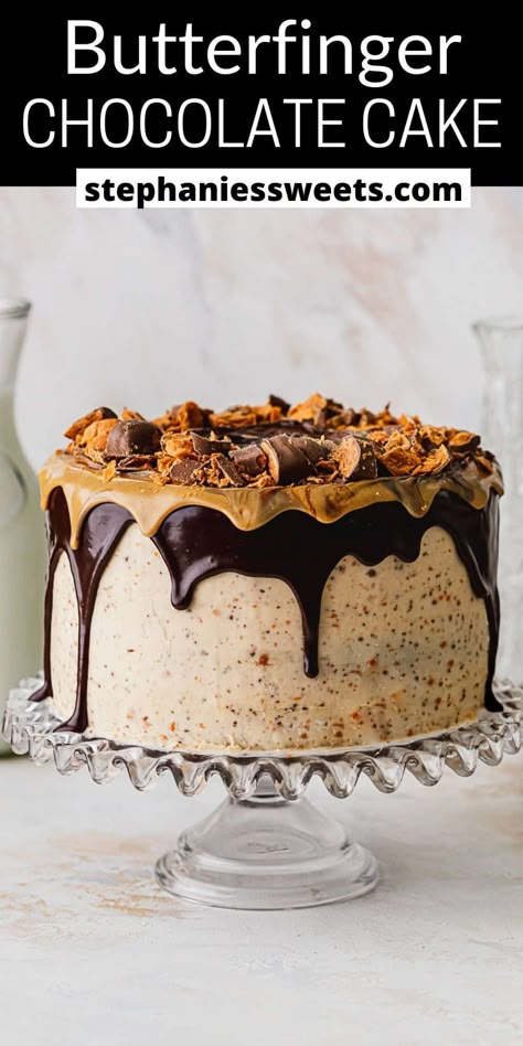 Butterfinger Cake Recipe, Butterfinger Cake, Whipped Peanut Butter, Candy Bar Cake, Peanut Butter Dessert Recipes, Chocolate Peanut Butter Cake, Gourmet Cakes, Lost 100 Pounds, Peanut Butter Filling