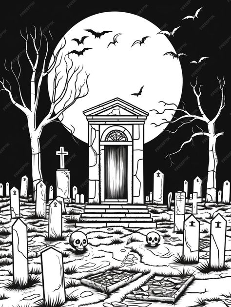 Spooky House Drawing, Spooky Village, Village Art, House Colouring Pages, Spooky House, Colouring Page, Halloween Scene, House Drawing, Horror Art