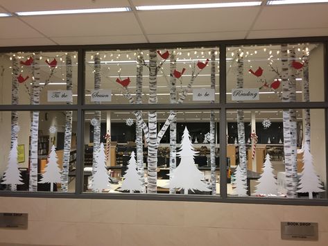 Library Christmas, birch trees used pool noodles. Christmas Decor Ideas For Classroom Window, Library Window Decorations, Library Holiday Decorations, Library Fall Decorations, Christmas Book Display Library, Winter Library Decorations, Christmas Library Decor, Christmas Library Decorations, Library Window Displays