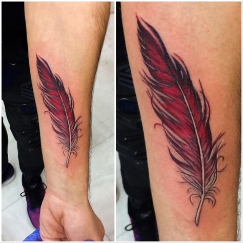 Red Bird Feather Tattoo, Red Feather Tattoo, Lisa Tattoo, Peacock Feather Tattoo, Remembrance Tattoos, Feather Tattoo Design, Anklet Tattoos, Infinity Tattoos, Feather Tattoo