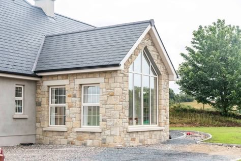 Cotswold Stone New Build, Sandstone Brick House, Stone Extension Ideas, Bungalow House Renovation, Grade 2 Listed Cottage Extension, Irish Stone House, Sandstone Home Exterior, Cottage Extensions Uk, Stone And Render House Exterior