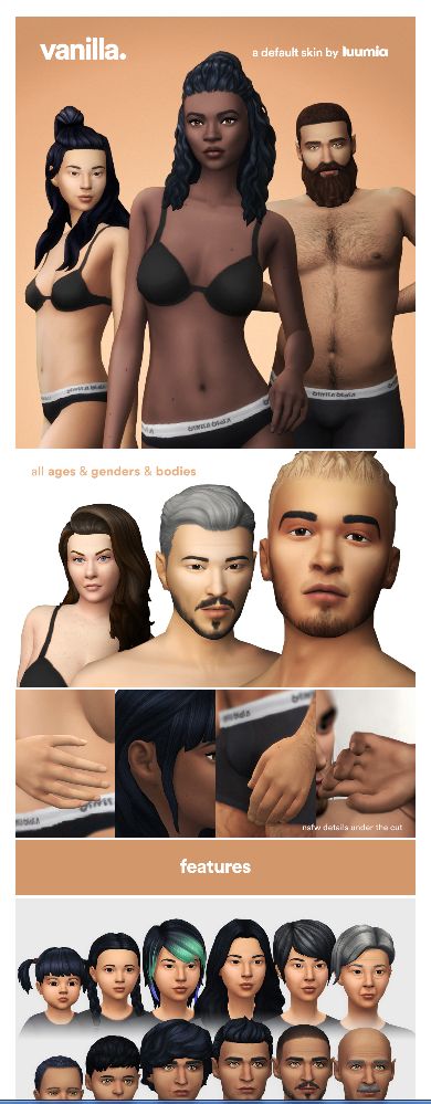 Vanilla Skin - A default Skin by luumiasims via luumiasims.com com | Sims 4 | TS4 | Maxis Match | MM | CC | Pin created by sueladysims | Detailed info + fantastic features like lip & nipple tints, detailed butt, belly & cleavege overlay. Totally MM =) Sims 4 Mm Default Skin, Sims 4 Maxis Match Genetics, Sims 4 Default Skin Maxis Match, Sims 4 Cc Default Skin, Sims 4 Vanilla, Sims 4 Cc Skin Details Maxis Match, Ts4 Mm Cc, Vanilla Skin, Cc Skin