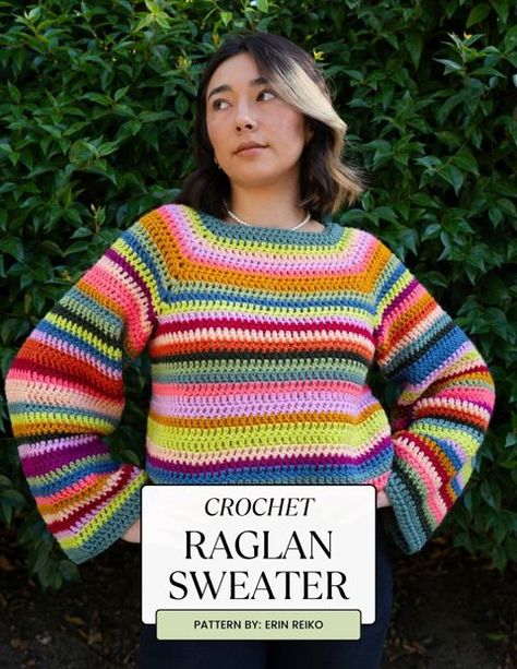 Crochet Raglan Sweater Pattern Free, Cute Crochet Sweaters, Crochet Crop Sweater Pattern, Crochet Rainbow Sweater, Raglan Sweater Crochet, Easy Crochet Sweater Pattern Free, Raglan Crochet Sweater, Scrap Yarn Sweater, Simple Crochet Sweater