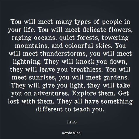 You will meet many types of people in your life. You will meet delicate flowers, raging oceans, quiet forests, towering mountains, and colorful skies. You will meet thunderstorms, you will meet lightning. They will knock you down, they will leave you breathless. #WordPorn Soul Searching Quotes, Smart Quotes, Word Of Advice, Types Of People, Yoga Quotes, Queen Quotes, More Than Words, People Quotes, Meaningful Words