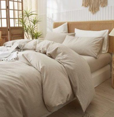 Give your bedroom an instant refresh with this three-piece duvet cover set. Woven from a machine-washable cotton blend, the duvet cover + pair of pillowcases showcase an understated solid hue that mixes easily with your existing decor. Four corner ties + a zippered closure hold your duvet insert (sold separately) securely in place. Color: Beige, Size: Twin Duvet Cover + 1 Standard Pillowcase AllModern Kylie Duvet Cover Set in Beige | Size Twin Du Sand Duvet Cover, Khaki Duvet Cover, Beige Duvet Cover Color Schemes, Neutral Duvet Cover, Comfy Duvet Cover, Non White Bedding, Tan Bedding Aesthetic, Oatmeal Bedding Ideas, Tan Comforter Bedroom