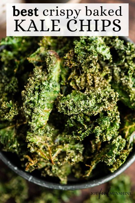 This is the best baked kale chips recipe! Homemade crispy kale chips are a delicious, healthy snack made with only five ingredients. Roasting kale chips in the oven keeps them crispy for days! Inexpensive Party Food, Easy Vegan Appetizers, Kale Chips Recipe Baked, Roasted Kale Chips, Baked Kale Chips, Kale Chips Recipe, Kale Chips Baked, Crispy Kale, Kale Chip Recipes