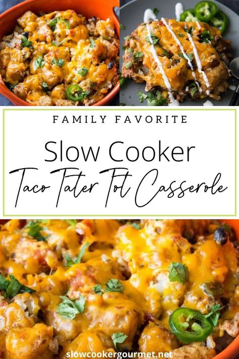 Combining two favorite meals... tacos and tater tots. It couldn't possibly get any more delicious than this! #slowcooker #taco #tatertot #casserole Taco Tater Tot Casserole, Casserole Crockpot Recipes, Slow Cooker Taco, Slow Cooker Beans, Freezable Meals, Easy Crockpot Dinners, Tot Casserole, Slow Cooker Tacos, Tater Tot Casserole