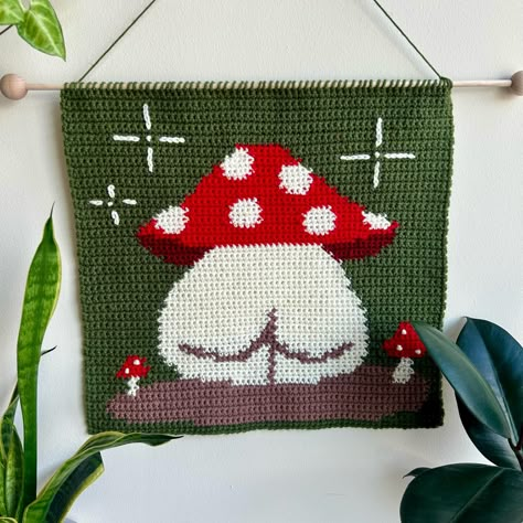 Bootylicious Mushroom ✨🍄🍑 Pattern out now on Etsy!! Visit my shop at the link in my bio. 🔗 #crochetpattern #crochetapestry #crochet #mushroomart #booty #fiberart #smallbusiness Small Crochet Tapestry, Small Tapestry Crochet Pattern, Tapestry Crochet Patterns Charts Free, Green Crochet Projects, Crochet Tapestry Pattern Free Charts, Crochet Tapestry Pattern Free, Crochet Tapestry Wall Hanging, Dark Green Crochet, Mushroom Crochet Pattern