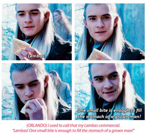 Orlando's Lembas Commercial! Oh and! I am making Lembas Bread soon! I've got the recipe! <-- omgsh I want it :) Lord Of The Rings Cast, Lotr Funny, Into The West, The Shire, Orlando Bloom, Thranduil, A Silent Voice, Jrr Tolkien, Legolas