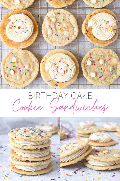 Butter Cream Cake Sandwich, Daycare Treats Birthday, Sandwich Cookie Ideas, Sammie Cookies, Cookies Sandwich, Bakery Desserts Ideas, Icing Cookie Sandwich, Birthday Cookie Ideas, Cookie Frosting Sandwich