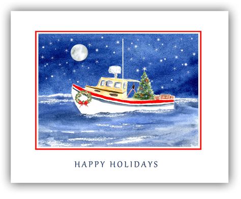 Nautical Christmas Cards, Santa On The Beach, Beach Christmas Cards, Boat Christmas, Beach Christmas Card, Seashell Ideas, Lobster Boat, Beachfront Decor, Nautical Christmas