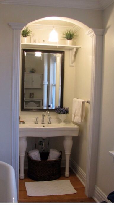 Shelf above the mirror Shelf Above Mirror, Shelf Design Ideas, Small Bathroom Mirrors, Beautiful Small Bathrooms, Utility Closet, Hallway Mirror, Serene Bathroom, Small Space Bathroom, Master Bathrooms