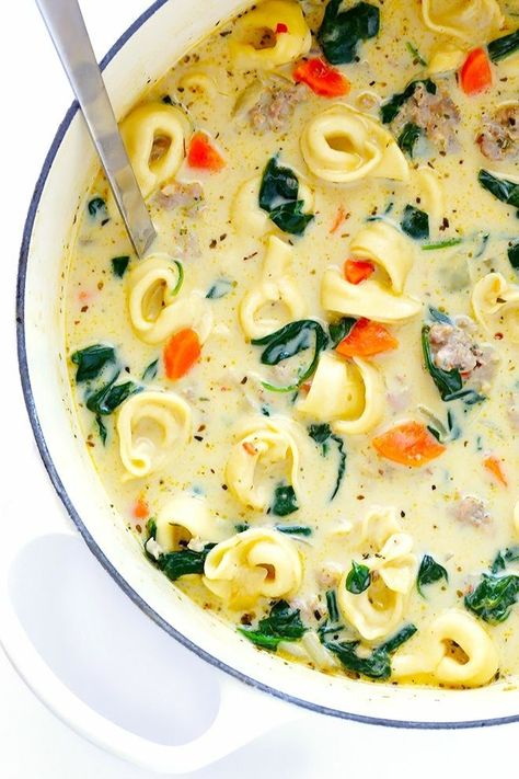 Creamy Tortellini And Sausage, Tortellini And Sausage Soup, Italian Tortellini Soup, Tortellini Soup With Italian Sausage, Soup With Italian Sausage, Italian Tortellini, Creamy Tortellini, Creamy Tortellini Soup, Italian Sausage Soup