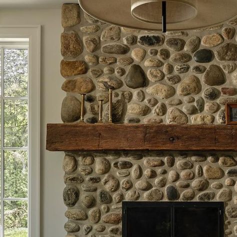 Tiffany Leigh Design on Instagram: "In a renovation, it can be tempting to rip everything out and start fresh, but we love to look for ways to restore existing features to their fullest potential. At Alton House, the wood-burning fireplace, constructed from local river rock, was beloved by both our clients and team TLD, except for a drywall bulkhead that cut it off at the top, making it look squat and dated. By rerouting the HVAC, we eliminated the bulkhead and matched the riverstone to take t Rock Fireplace Ideas, Flagstone Fireplace, River Rock Fireplace, Tiffany Leigh Design, River Rock Fireplaces, New House Living Room, Wood Stove Fireplace, Rock Fireplaces, Chimney Breast