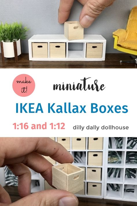 Tutorial - DIY wooden boxes to fit 1:12 and 1:16 miniature IKEA Kallax Dolls House Miniatures Diy, Miniature Ikea Furniture, 1:12 Furniture, Miniature Box Diy, Barbie Miniatures Diy, Diy For Dolls, 1/12 Miniatures, Miniature Doll House Diy, Making Miniature Furniture