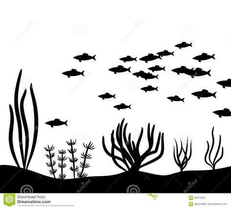 Seaweed At The Bottom Of The Sea And School Fish Vector Silhouette Stock Vector - Illustration of ocean, silhouette: 89073045 Bottom Of The Sea Drawing, Draw Underwater, Ocean Silhouette, Small Fish Tattoos, Sea Drawing, Bottom Of The Sea, Fish Silhouette, School Of Fish, Fish Vector