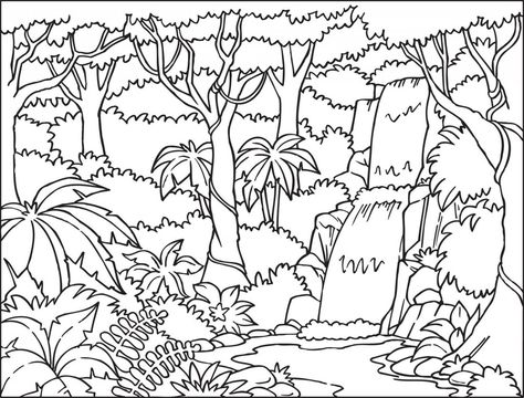 Jungle Coloring Pages, Forest Coloring Pages, Rainforest Trees, Forest Coloring Book, Leaf Coloring Page, Forest Drawing, Jungle Scene, Rainforest Animals, Tree Coloring Page