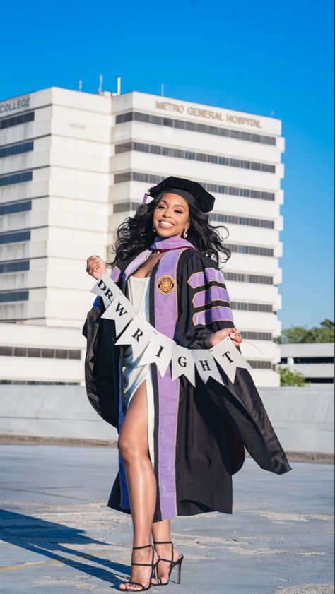 Graduation Outfit Ideas Doctorate, Devry University Graduation, Edd Doctorate Graduation Party, Phd Graduation Outfit Ideas, Black Doctor Graduation Pictures, Doctor Of Education Graduation Party, Medical School Graduation Photoshoot, Med School Photoshoot, Graduation Photoshoot Doctorate