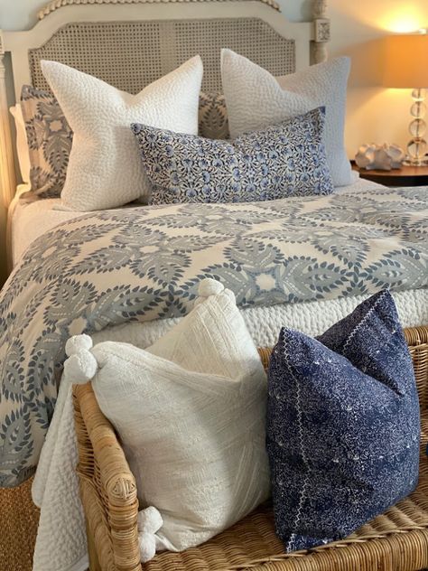 Creating a Holiday-Ready Guest Room with John Robshaw Chambray Blue Bedroom, Coastal Chic Guest Bedroom, Chambray Bedding Master Bedrooms, Blue Guest Room Ideas, Blue Bedding Ideas Master, Blue And Cream Bedding, Elegant Bedding Coastal, Dreamy Master Bedrooms, Ballard Bedroom