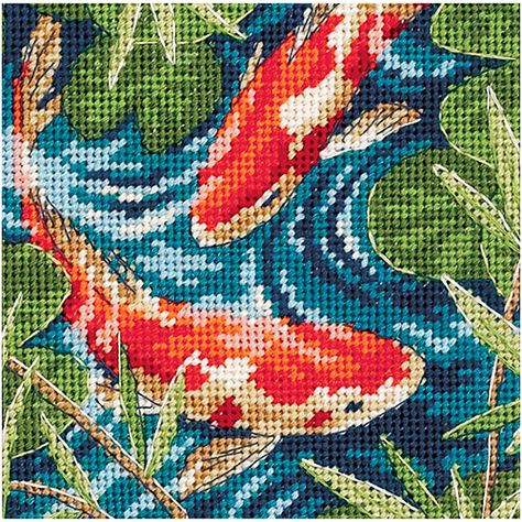 Dimensions "Koi Pond" Mini Needlepoint Kit, 5" x 5", Stitched in Thread Modele Pixel Art, Embroidery Shop, Cross Stitch Animals, Needlepoint Kits, Koi Pond, A Cross, Filet Crochet, Cross Stitch Art, Cross Stitch Kits