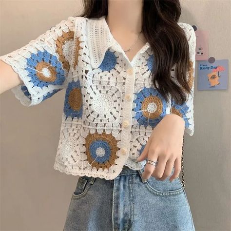 YesStyle discount code: OLIVIASOJO | afilliate code, links | Short-Sleeve Floral Embroidered Button-Up Lace Shirt Crochet Maxi Skirt, Crochet Tank Tops, Crochet Top Outfit, Crochet Unique, Crochet Cowl Pattern, Crochet Short, Crochet Fingerless Gloves, Kawaii Crochet, Crochet Buttons