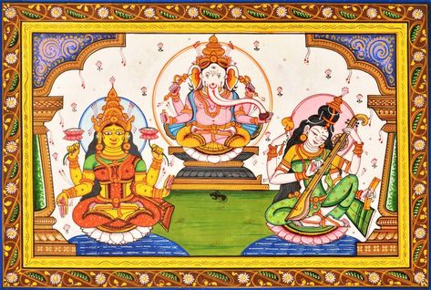 Images Of Ganesha, Laxmi Ganesh Saraswati, Ganesh Painting, Saraswati Painting, Lakshmi Ganesh, Diwali Painting, Laxmi Ganesh, Hindu Cosmos, Worli Painting