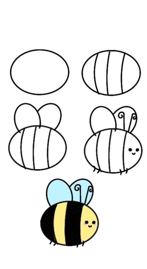 Step By Step Small Drawings, How To Draw Bees, How To Draw A Bee Easy, Drawing Step By Step For Kids, How To Draw A Bee, A Bee Drawing, Cute Bee Drawing, Hand Art Kids, Doodle Art For Beginners