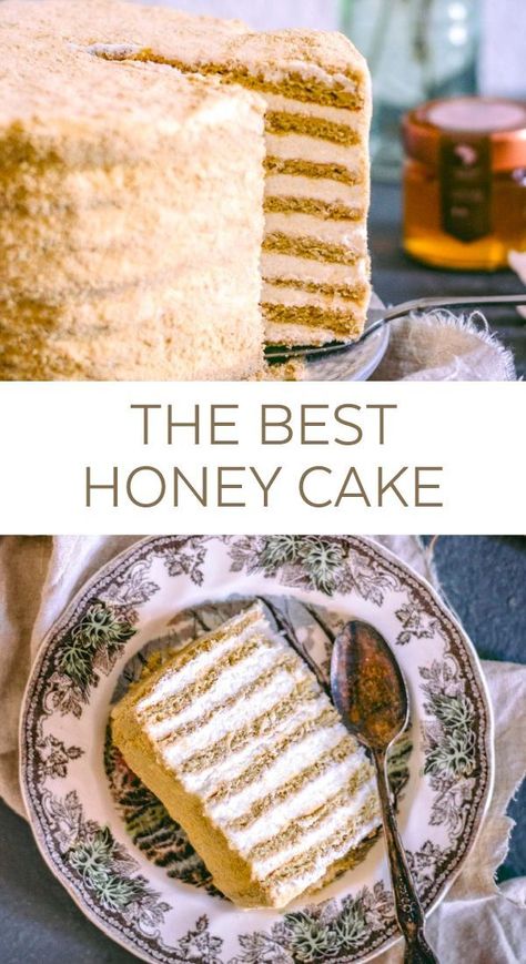 You have to try this easy homemade HONEY CAKE recipe! It's the best! Has a delicious mascarpone filling and is great for a crowd for a birthday or bridal shower celebration! #honeycake #cakerecipe #homemadecake #easycake #honey #beeseasonal #beeseasonalhoney Honey Recipes Dessert, Carmel Cake, Honey Dessert, Mascarpone Filling, Honey Cake Recipe, Happy 1st Birthday, Honey Cake, Cake Fillings, Honey Recipes