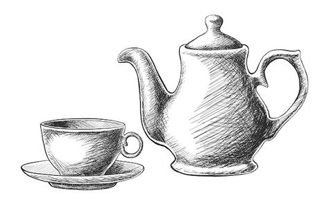 Hand drawn tea set with teapot and a cup... | Premium Vector #Freepik #vector #food #menu #coffee #hand Tea Kettle Drawing, Still Life Pencil Shading, Teapot Drawing, Teapot Tattoo, Tea Cup Drawing, Menu Coffee, Coffee Art Painting, Mug Drawing, Tea Pots Art