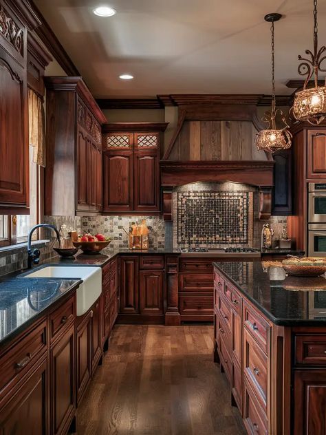 21 Dark Wood Kitchen Cabinets – Your Motor Geek Dark Wood Cupboards Kitchen, Kitchen Remodel Dark Wood Cabinets, Kitchen Cabinets Dark Floors, Brown Aesthetic Kitchen, Kitchens Dark Cabinets, Dark Cabinets Dark Floors, Cherrywood Cabinet Kitchen, Cherry Wood Cabinets Kitchen, Dark Wood Interior Design