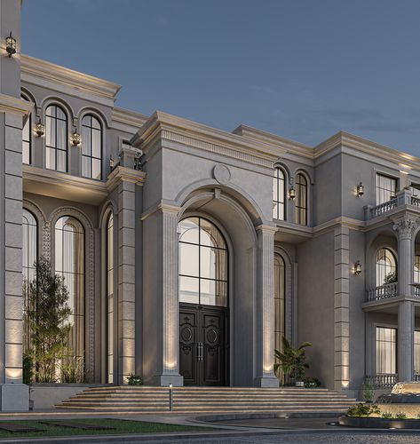 Neo Classic Villa Exterior, Modern Neoclassical Architecture, Neo Classic Villa, Classic Villa Exterior, New Classic Villa, Classic Elevation, Neoclassical Villa, Classical Villa, Classical Facade