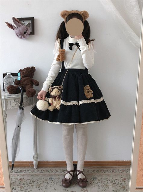 Lolita Kawaii bear in Casual style, corduroy 
women's skirt cute lace belt in style 
Vintage High School Waist Girl Black 
pleated skirt with suspenders Petticoat Outfit Casual, Lace Belt, Kawaii Bear, Outfit Casual, Lolita Fashion, Outfits Casuales, Petticoat, Fashion Ideas, Character Inspiration