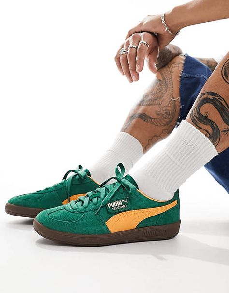 PUMA Palermo sneakers in green and orange | ASOS Orange Trends, Puma Palermo, Flip Flop Boots, Leopard Print Baby, Sunset Orange, Shorts Co Ord, Puma Suede, Pumas Shoes, Green Suede