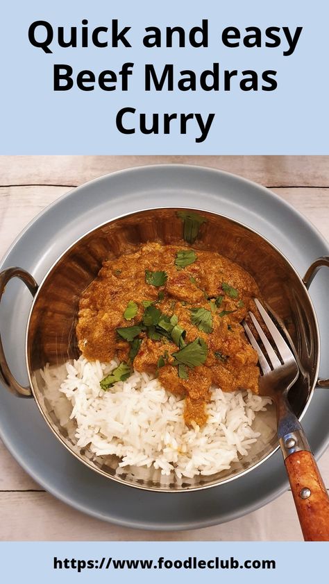 Beef Madras curry made with lots of spices, yoghurt and coconut milk. Make it as spicy or as mild as you like by adjusting the chilli. If you've never ordered Madras in an Indian restaurant because you don't like the heat, then this recipe is for you! #foodleclub #homemade #beefmadras #spicycurry #homemadecurry #beefcurry Beef Madras Curry, Madras Beef Curry Indian, Beef Madras Recipe, Beef Curry Indian, Lamb Madras, Madras Recipes, Beef Madras, Beef Masala, Beef Curry Recipe