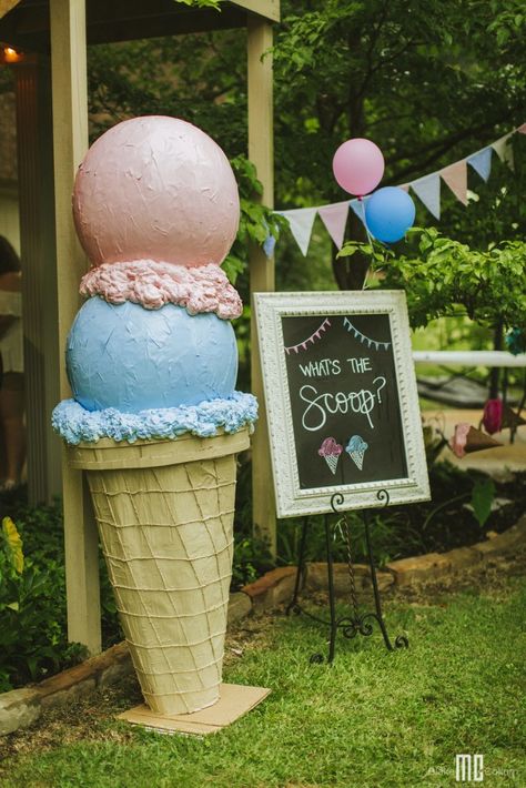 Whats The Scoop Gender Reveal Decor, What’s The Scoop Gender Reveal Diy, What's The Scoop Gender Reveal, Scoop Gender Reveal, Unique Gender Reveal Party Ideas, Gender Reveal Dessert, Gender Reveal Diy, Gender Reveal Baby Shower Themes, Twin Gender Reveal