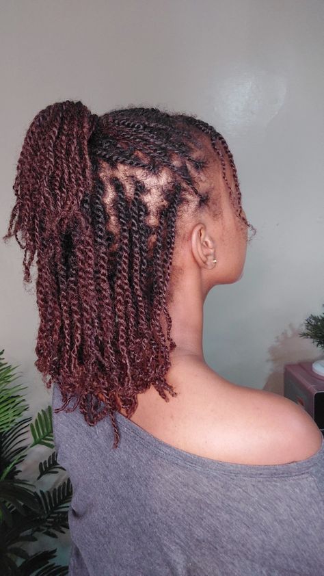 "Image of a black woman with 4c ginger hair styled in mini twists." Burgundy Mini Twists, Human Hair Twists, Ginger Mini Twists, Twists On 4c Hair, Natural Twist Out, Mini Twists Natural Hair, Plait Styles, Copper Brown Hair, Twists Hairstyles