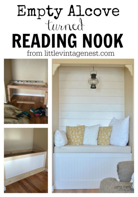 MUST Pin tutorial for creating a Reading Nook in your home! Plus a Planked Wall from Little Vintage Nest Closet Nook Ideas, Reading Nook Window, Tv Niche, Planked Walls, Pin Tutorial, Alcove Ideas, Wall Nook, Tv Nook, Living Room Nook