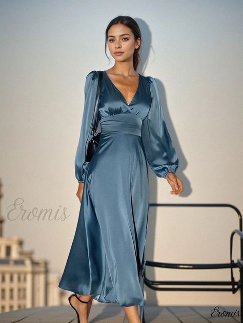 Eromis - Elegant Satin Lantern Sleeves A-Line Cocktail Dress with Cinched Waist Robes Glamour, Vintage Long Dress, A Line Cocktail Dress, Evening Party Gowns, Evening Gown Dresses, Lantern Sleeve Dress, Dress Women Elegant, Glamorous Dresses, Blue Midi Dress