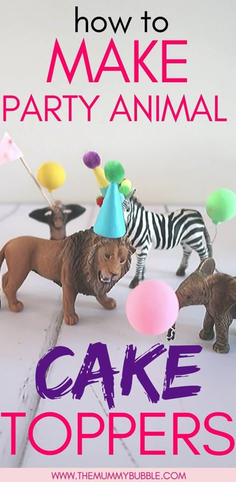 Animal Party Hats Diy, Dinosaur Cake Party Hat, How To Make Animal Cake Toppers, Animal Party Hat Cake, Animals With Party Hats Cake, Diy Animal Cake Topper, Party Hat Cake Topper, Party Animals Cake Topper, Animal With Party Hat