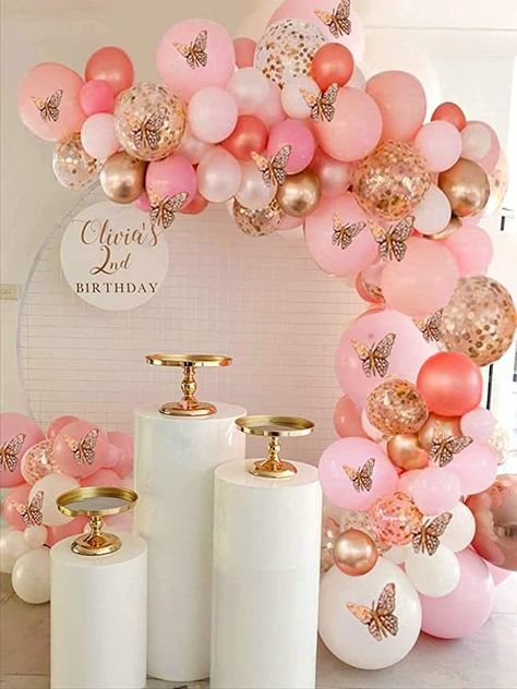 Amazon.com: 150pcs Rose Gold Pink Butterfly Balloon Garland Arch Kit Theme Baby Shower Birthday Bachelorette Party Decorations for Girl Women, Rose Gold Pink Balloons, Baby Girl Balloon : Home & Kitchen Aniversario Rose Gold, Rose Gold And Pink Birthday Party, Pink And Gold Themed Birthday Party, Pink And Gold Birthday Party Decorations, Rose Gold Birthday Theme, Pink Butterfly Decorations, Butterfly Balloon Garland, Gold And Pink Balloons, Gold Theme Birthday