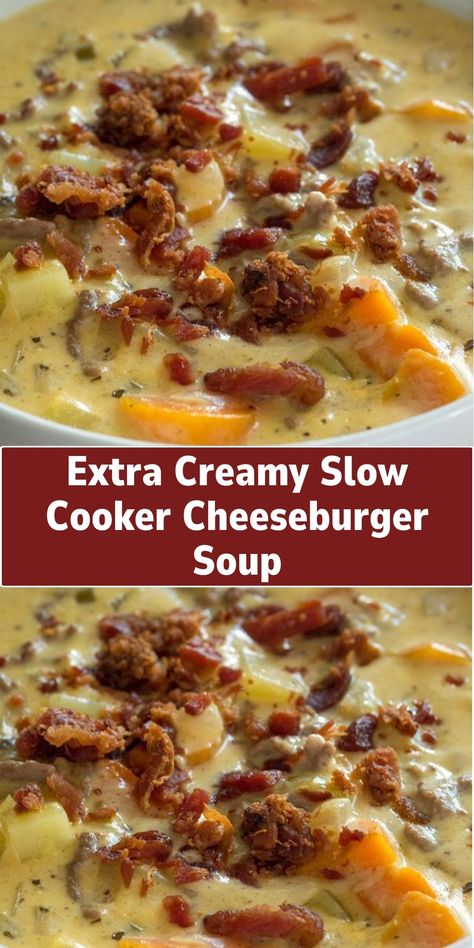 Warm up with a bowl of Extra Creamy Slow Cooker Cheeseburger Soup. This hearty soup combines the flavors of a classic cheeseburger with creamy, comforting soup. It's a perfect choice for a cozy, satisfying meal. Slow Cooker Cheeseburger Soup, Classic Cheeseburger, Cheeseburger Soup, Chicken Healthy, Crockpot Soup Recipes, Hearty Soup, Comfort Soup, Soup Recipes Slow Cooker, Vegetable Side