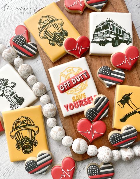 Firefighter Cookie, Fire Cake, Firefighter Retirement, Firefighter Party, Bakery Design, Cookie Inspiration, Iced Cookies, Retirement Party, Retirement Parties