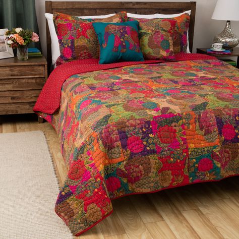 Greenland Home Fashions Jewel 3-piece Quilt Set (King), Red (Cotton, Floral) Work Bed, Bohemian Quilt, King Quilt Sets, Reversible Bedding, Patterned Bedding, Queen Size Quilt, Deco Boheme, Bohol, Print Comforter