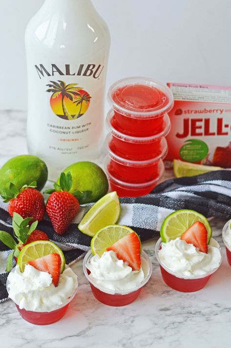 Strawberry Daiquiri Jello Shots Fruit Punch Jello Shots, Jello Shots Malibu, Cream Jello Shots, Jello Shots For Birthday Party, Jello Shots With Malibu, Jello Shot Recipes Malibu, 49er Jello Shots, Jello Shots Strawberry, Malibu Shots