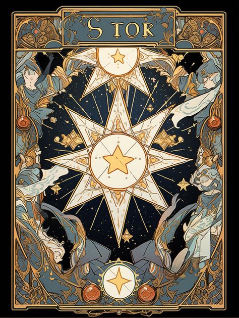 Oracle Cards Design, Tarot Card Design Ideas, Witch Graphic Design, Tarot Card The Star, Tarot Card Aesthetic, Tarot Card Illustration, Celestial Poster, Tarot Card Designs, Tarot Illustration